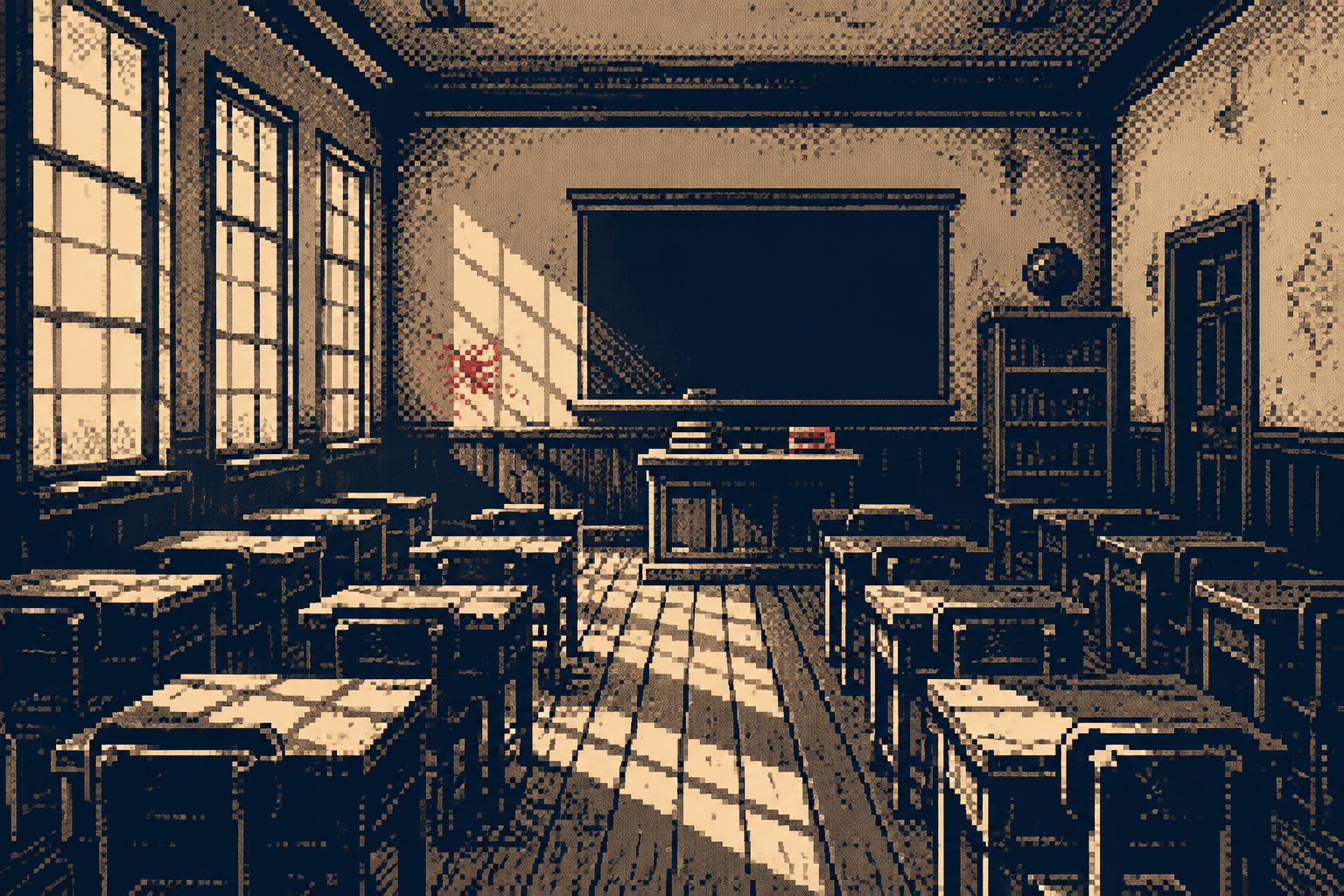 One-bit illustration of an empty classroom with rows of desks and a chalkboard.