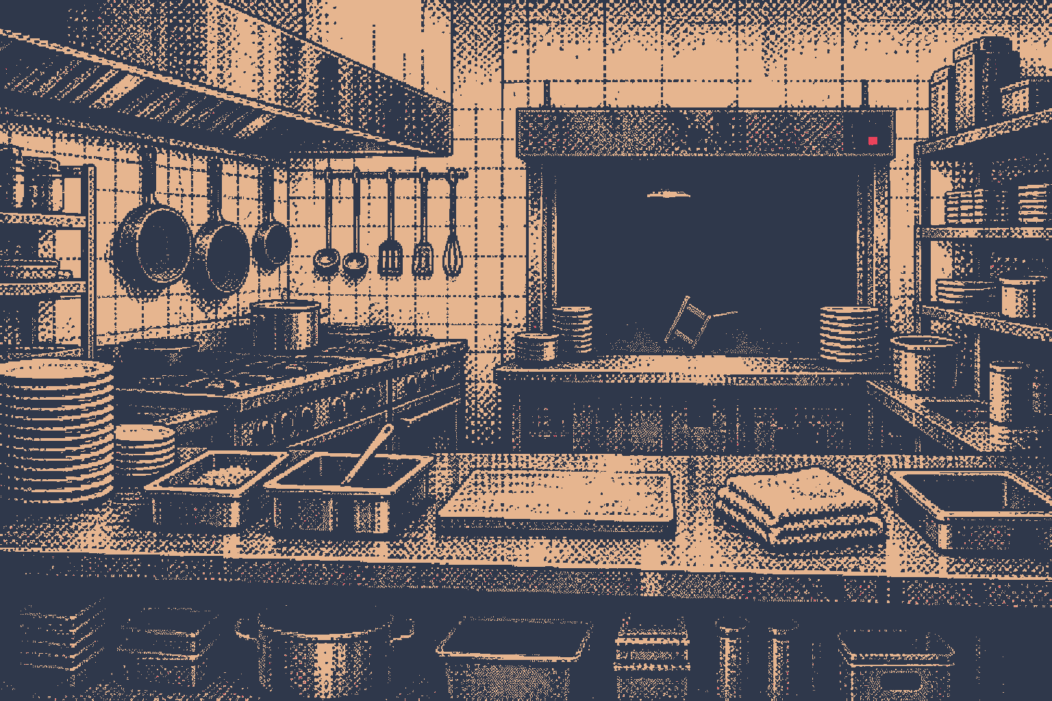 One-bit illustration of a quiet restaurant kitchen prepared for service.