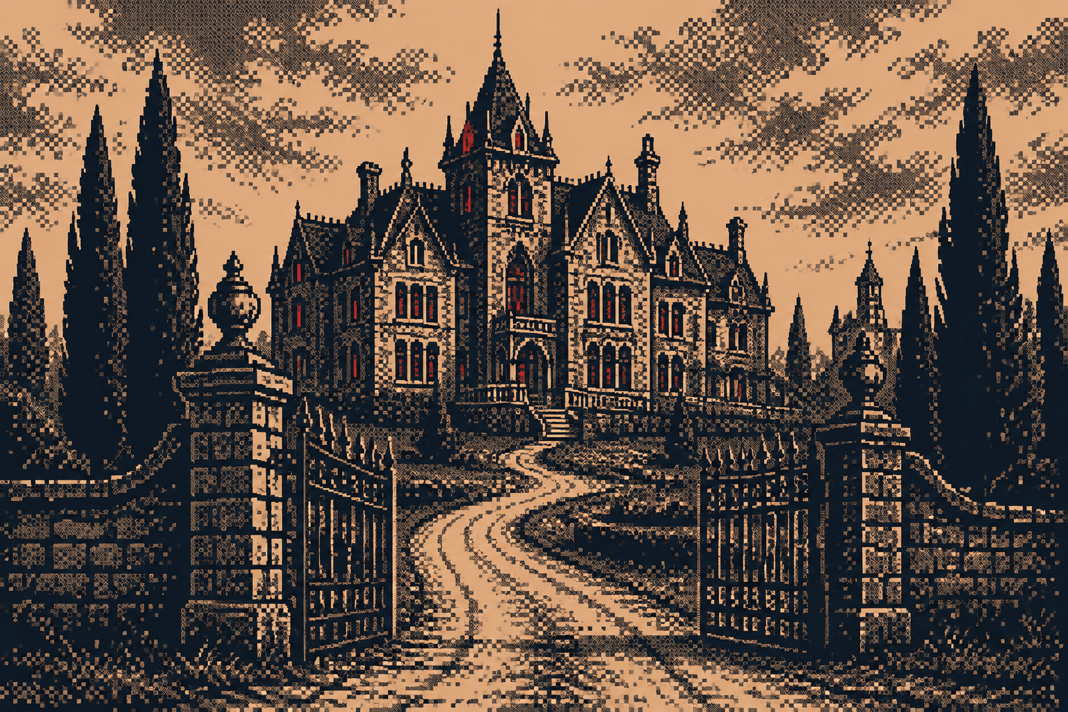 One-bit illustration of an old European mansion beyond an open iron gate.