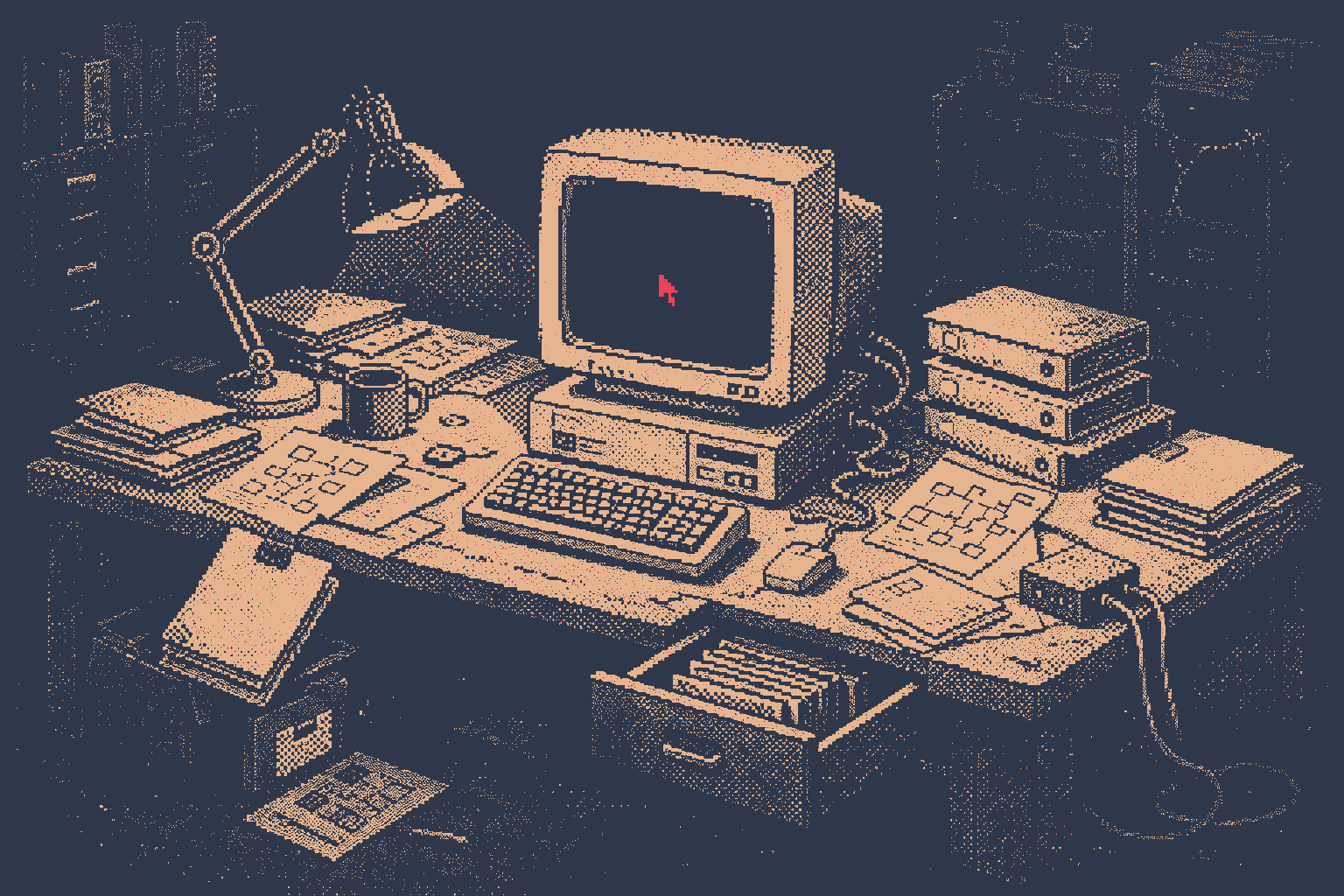 One-bit illustration of an ominous computer workstation surrounded by project files.